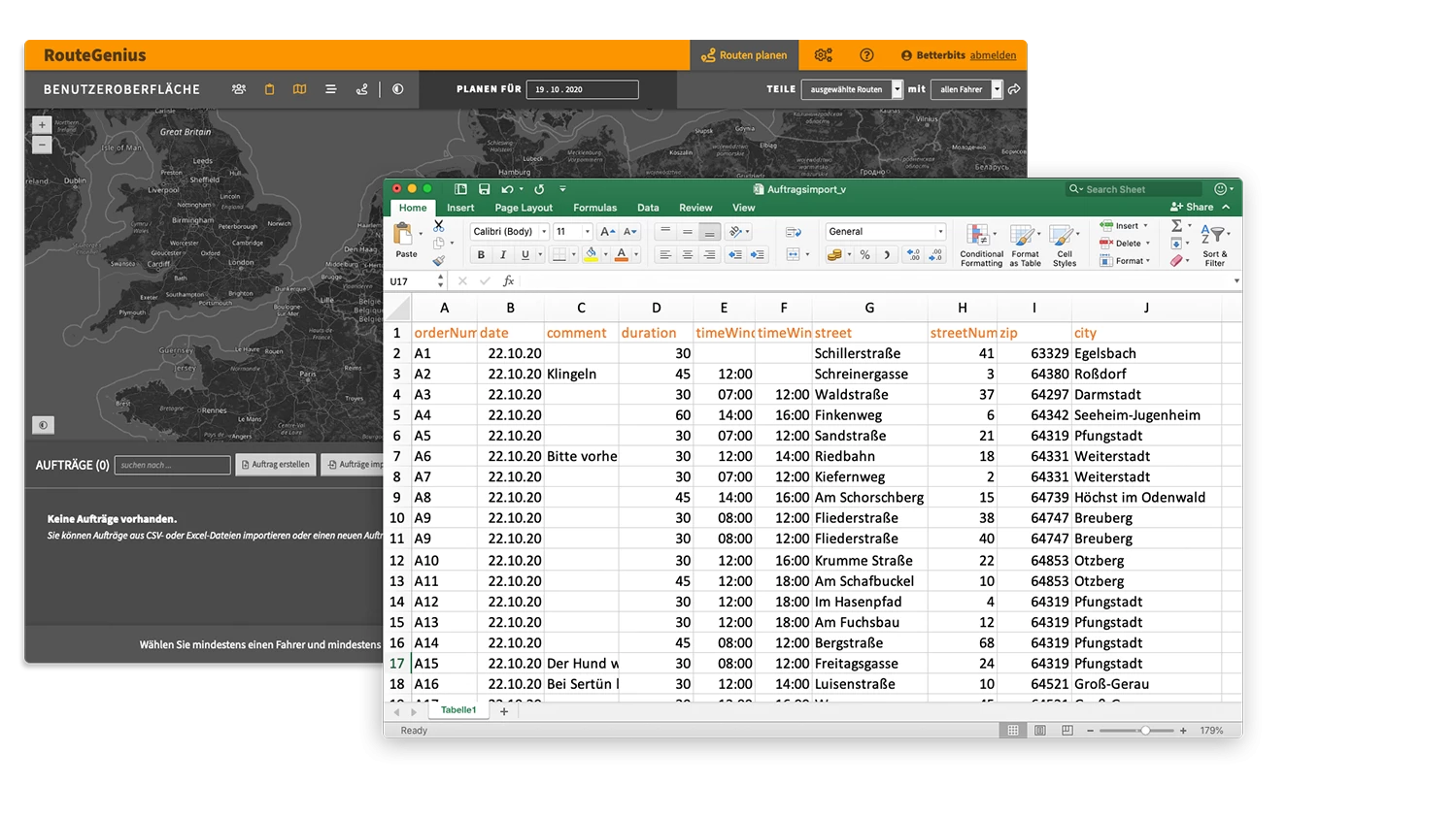 Ein Screenshot der Benutzeroberfläche und ein Screenshot von einer Excel-Tabelle mit Aufträgen